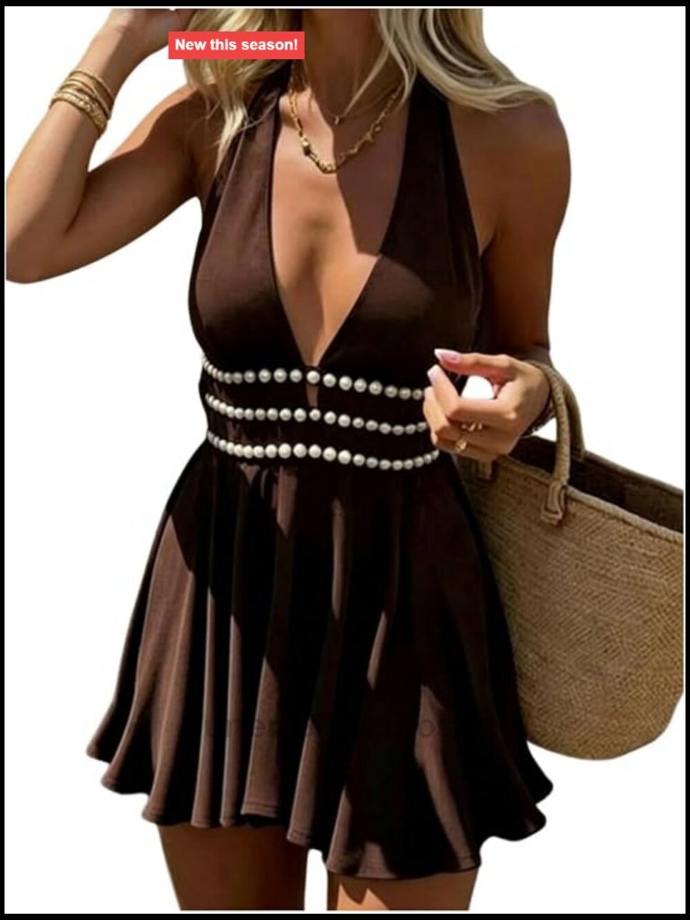 Halter Mini Dress Backless Deep V Neck Sleeveless Summer Party